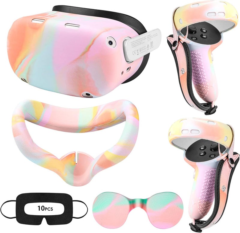 Relohas VR Accessories for Oculus Quest 2, Silicone Set for Meta Quest 2, Include Controller Grip Leather Cover, VR Shell Cover, Face Cover, Lens Cover and 10PCS Disposable Eye Cover (Macaron) - Image 1